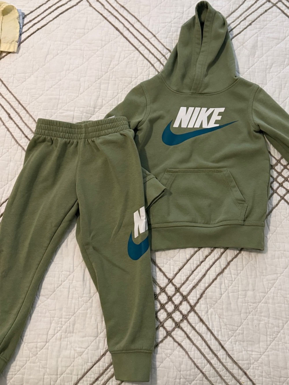 Nike Olive Green Kids Hoodie & Joggers with Teal Swoosh